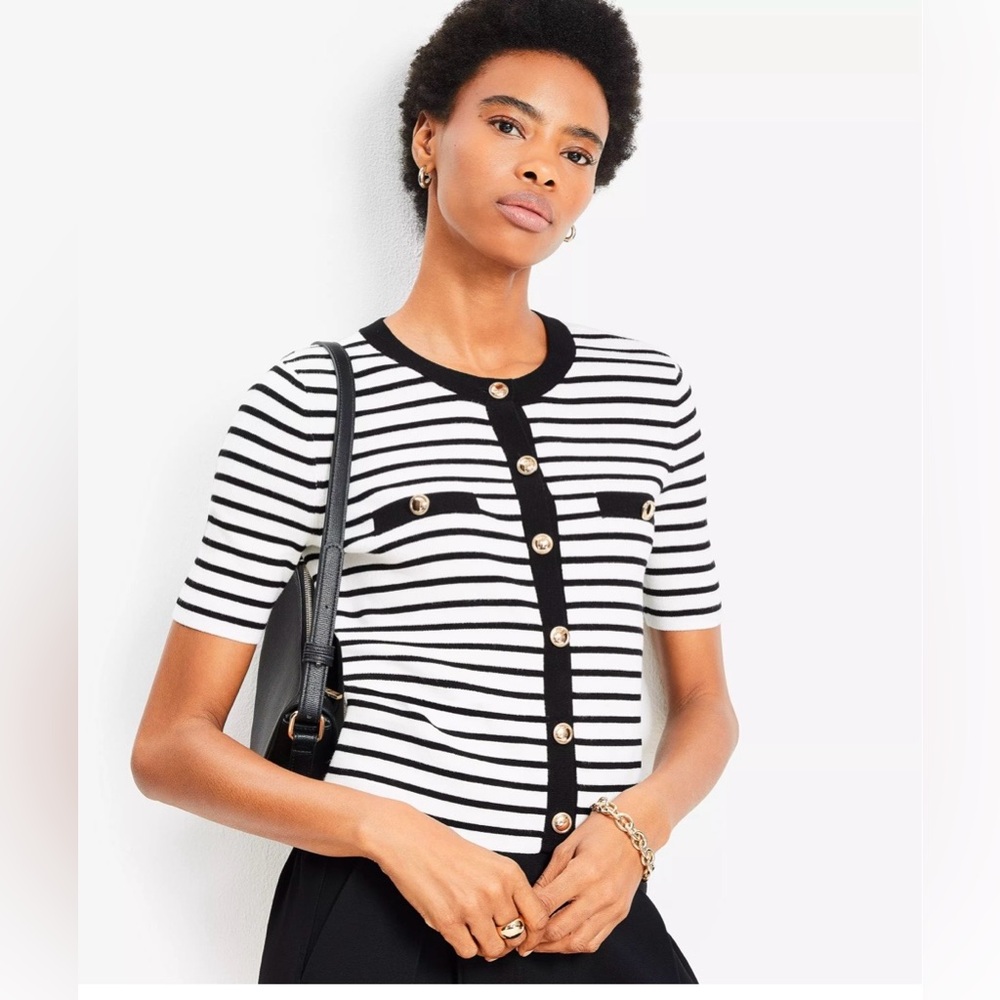 LOFT Stripe ribbed short sleeve cardigan